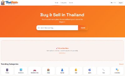 ThaiBiddo marketplace website preview with an orange search banner and product category navigation, from Asia Design Lab's portfolio